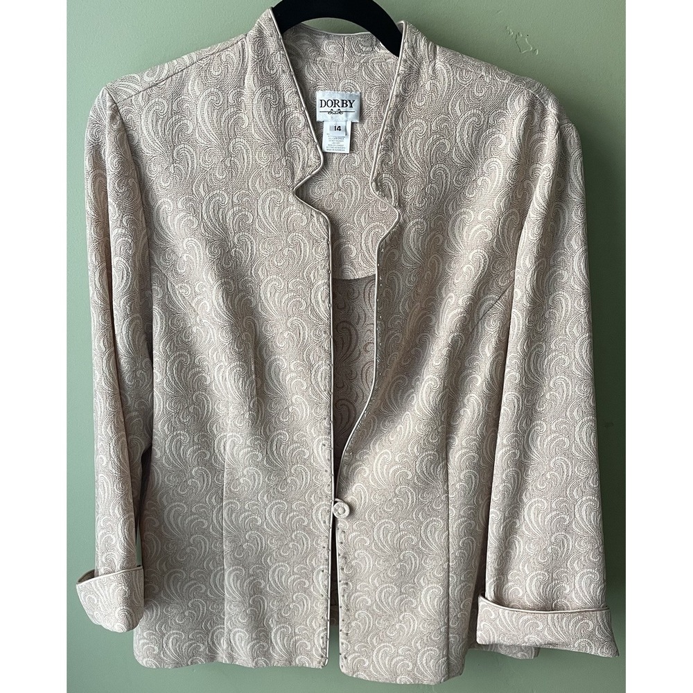 Y2K Dorby Women's Beige Paisley Jacquard Jacket Beaded Piped Sz 14